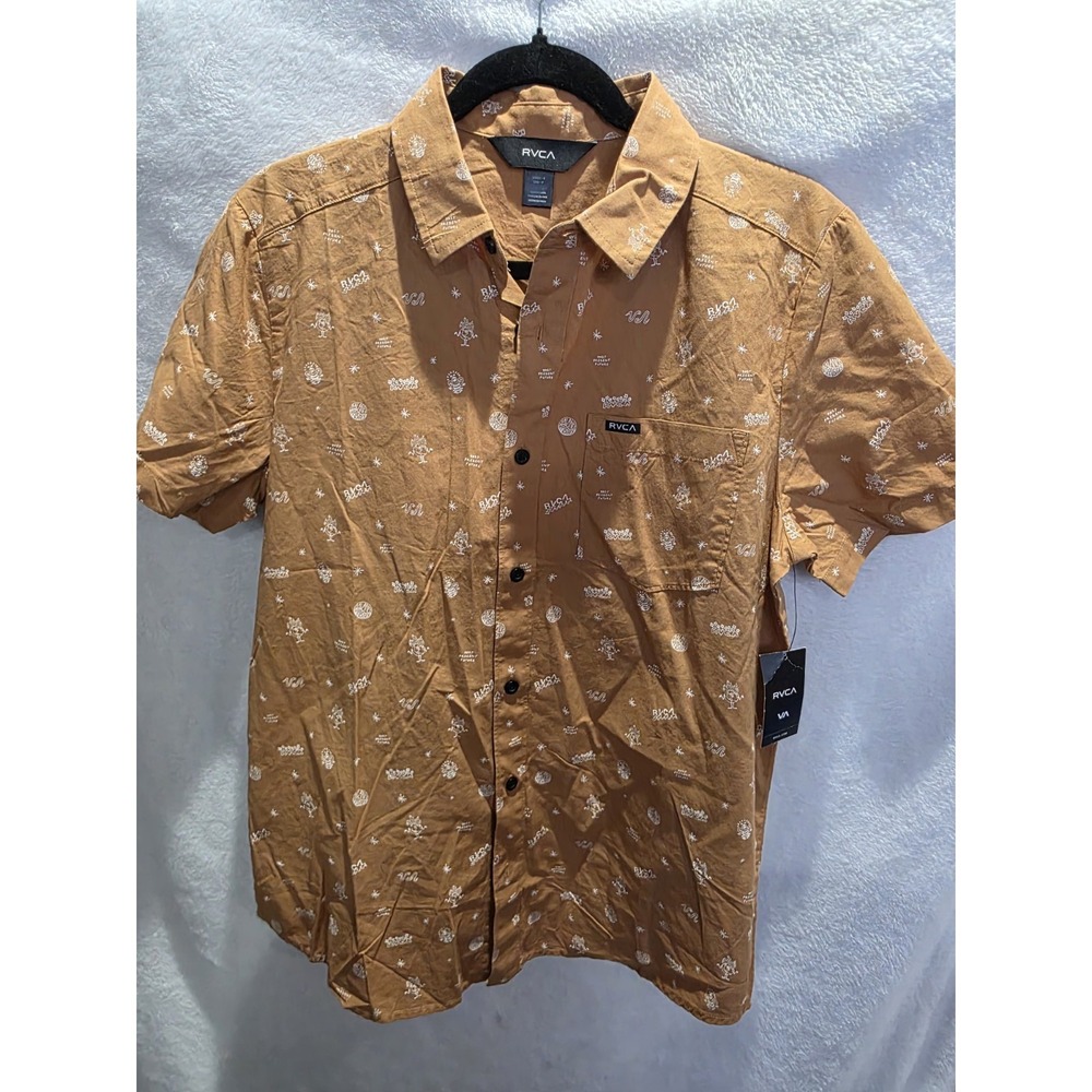 New RVCA Kimura Collar Short Sleeve Past Present Future Cotton Pocket Brown Sz S